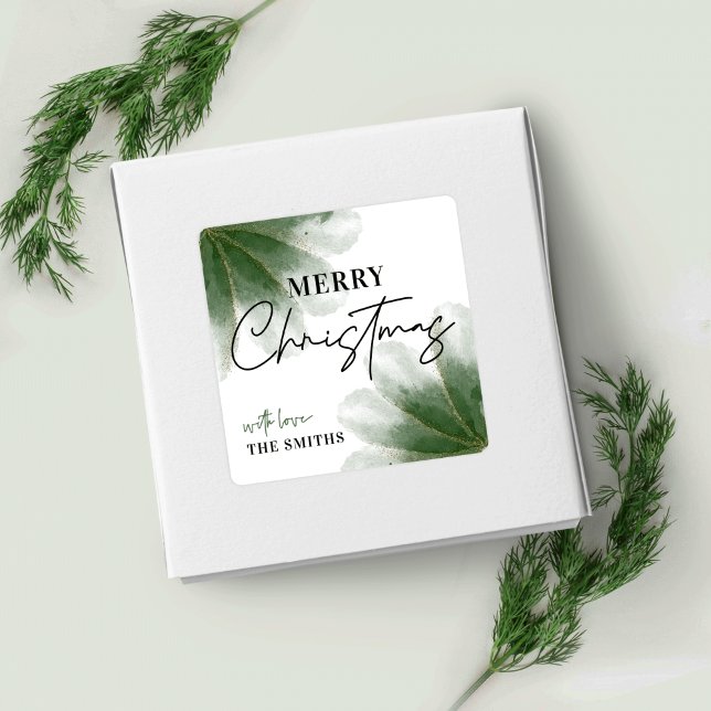 Adesivo Quadrado Greenery Merry Christmas Label Watercolor (Criador carregado)
