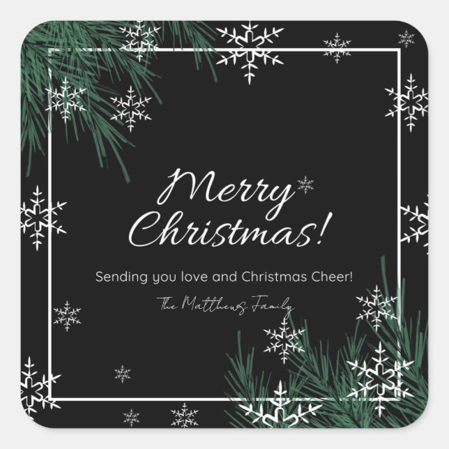 Adesivo Quadrado Greenery White Snowflake Nome da Família de Natal (Frente)