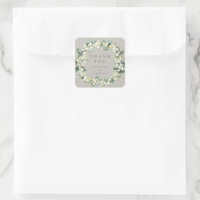 Adesivo Quadrado Greige Snowberry+Eucalyptus Weding Obrigado (Bolsa)