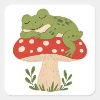Adesivo Quadrado Grenouille sonhadora em cogumelo vermelho