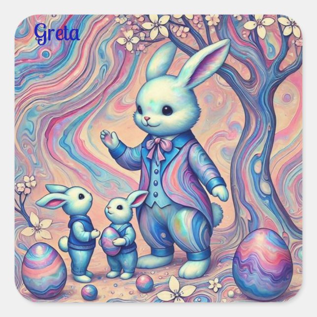 Adesivo Quadrado GRETA ~ EASTER BUNNY e seus filhos ~ (Frente)
