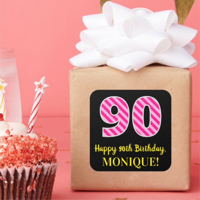 Adesivo Quadrado Greve Rosa Divertida "90": Feliz Aniversário de 90 (Festa)