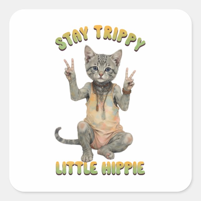 Adesivo Quadrado Grey Tabby Cat Boho Stay Trippy Little Hippie  (Frente)