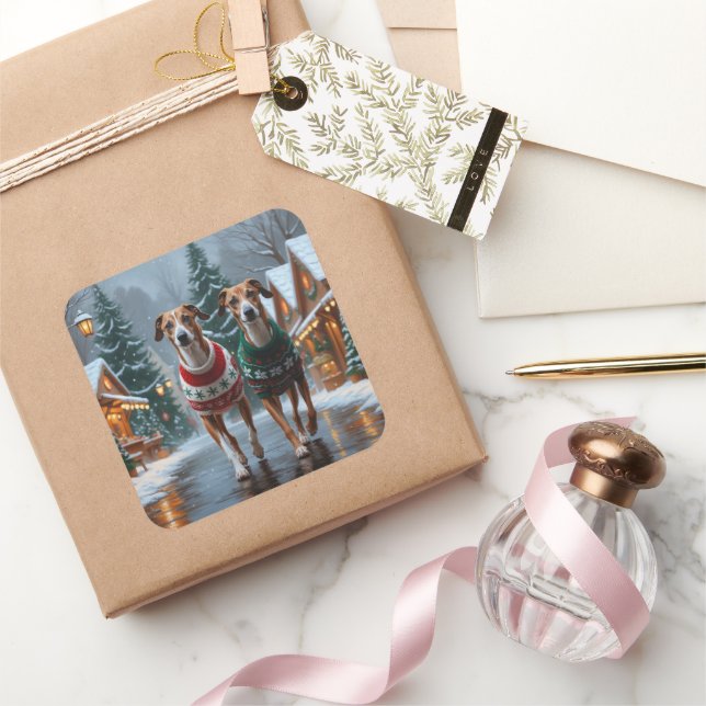 Adesivo Quadrado Greyhound Dogs Christmas Snow Holiday (Presentear)