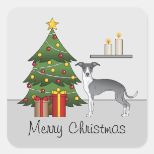 Adesivo Quadrado Greyhound Italiano Azul E Branco E Árvore De Natal