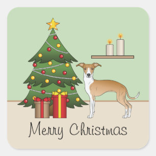 Adesivo Quadrado Greyhound Italiano Branco E Árvore De Natal