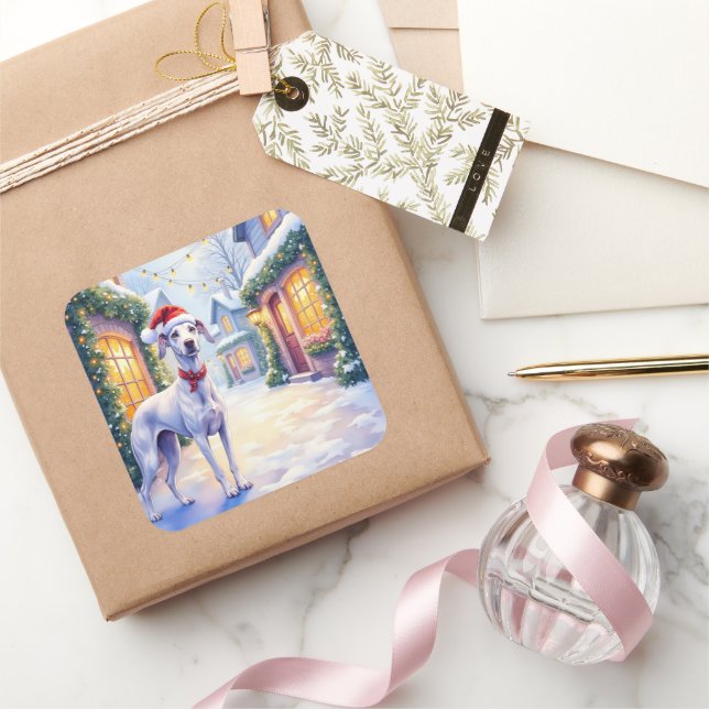 Adesivo Quadrado Greyhound Snowy Village Santa Hat Christmas Art (Presentear)