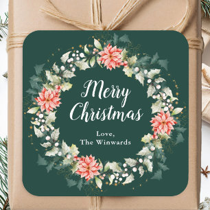 Adesivo Quadrado Grinalda de Natal de Poinsettia Vermelha Feliz Nat