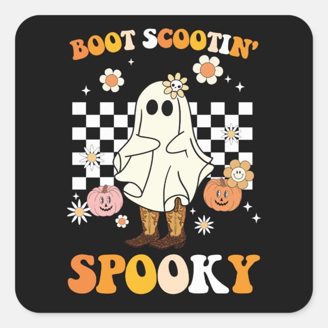 Adesivo Quadrado Groovy Boot Scootin Spooky Ghost Halloween Retro (Frente)