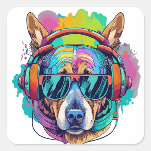 Adesivo Quadrado Groovy Canine Vibes : Cachorro Legal com Fones de 