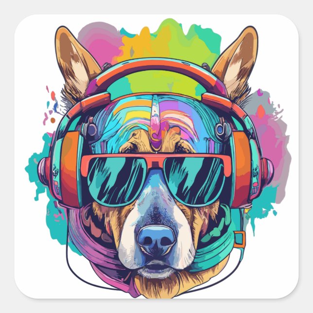 Adesivo Quadrado Groovy Canine Vibes : Cachorro Legal com Fones de  (Frente)
