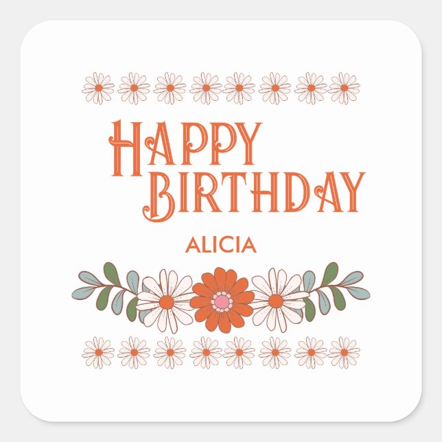 Adesivo Quadrado Groovy Daisy Hippie Flora Leaf Feliz Aniversário (Frente)
