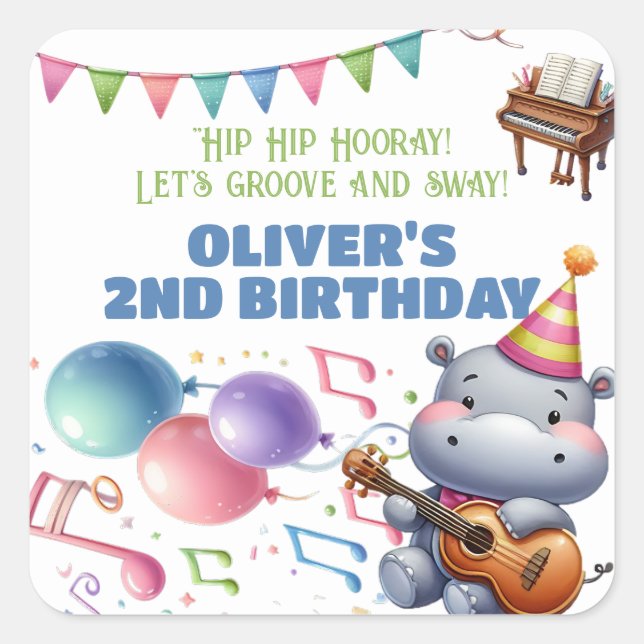 Adesivo Quadrado "Groovy Hippo Birthday Bash Bonanza!" Convite (Frente)