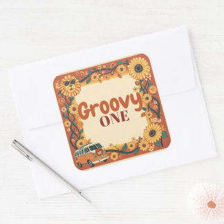 Adesivo Quadrado Groovy Um Leão Aniversário Retro 70s Primeiro Aniv