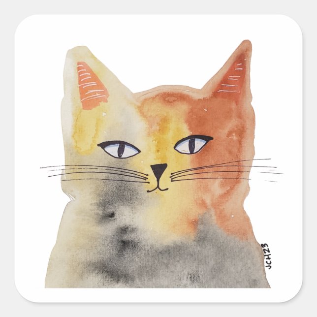 Adesivo Quadrado Groovy Watercolor Cat Art Sticker (Frente)
