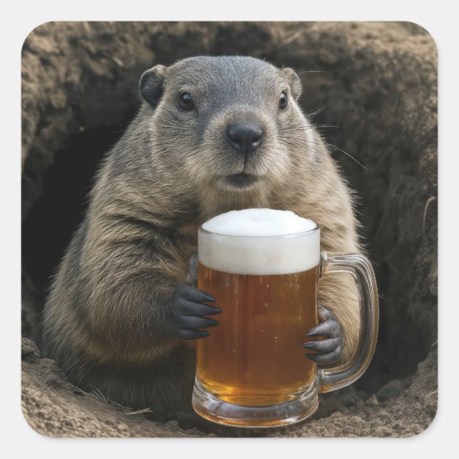 Adesivo Quadrado Groundhog With Mug of Beer (Frente)