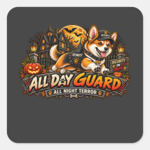 Adesivo Quadrado Guarda o Dia Todo Terror Noturno Corgi Halloween S