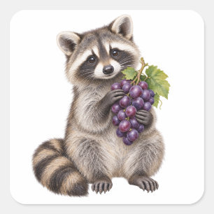 Adesivo Quadrado Guaxinim em Aquarela com Uvas Roxas