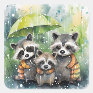 Adesivo Quadrado Guaxinins Fofos na Chuva