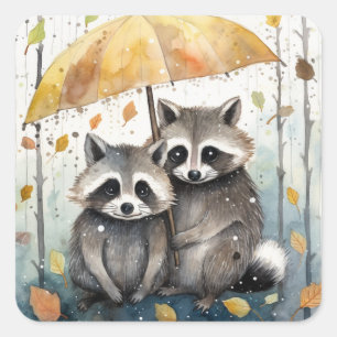 Adesivo Quadrado Guaxinins Fofos na Chuva
