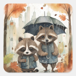 Adesivo Quadrado Guaxinins Fofos na Chuva