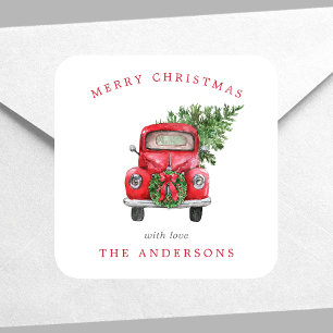 Adesivo Quadrado Guirlanda de Natal de Caminhão Vermelho em Aquarel