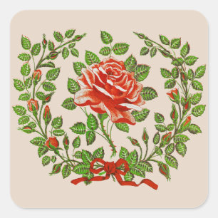 Adesivo Quadrado Guirlanda de Rosa Vermelha Vintage Arte Floral de