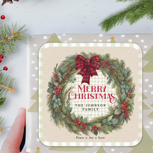 Adesivo Quadrado Guirlanda Rústica de Xadrez com Nome da Família Na (Criador carregado)