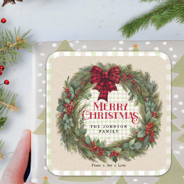 Adesivo Quadrado Guirlanda Rústica de Xadrez Natal Nome da Família