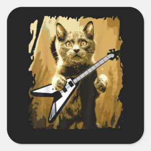 Adesivo Quadrado Guitarra de Metal Pesado Jogando Gato-Roqueiro