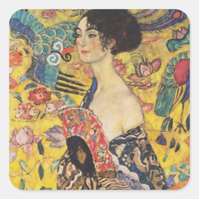 Adesivo Quadrado Gustav Klimt Lady Com Pintura Fan Art Nouveau (Frente)
