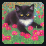 Adesivo Quadrado Gustav Klimt Tuxedo Cat<br><div class="desc">Vinhetas com um gato de smoking Gustav Klimt! Este adorável gatinho preto e branco se senta num campo de flores vermelhas,  azuis,  brancas e laranja. Um presente incrível para amantes de gatos e entusiastas de arte austríacos!</div>