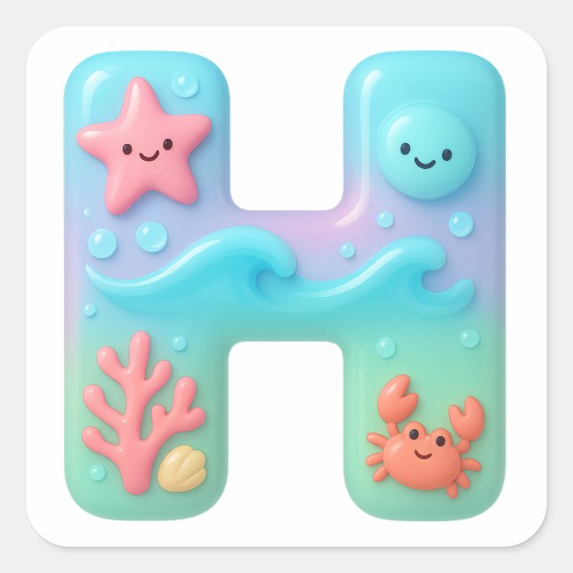 Adesivo Quadrado  "H" Cute Letter - Underwater Sea Creature  (Frente)