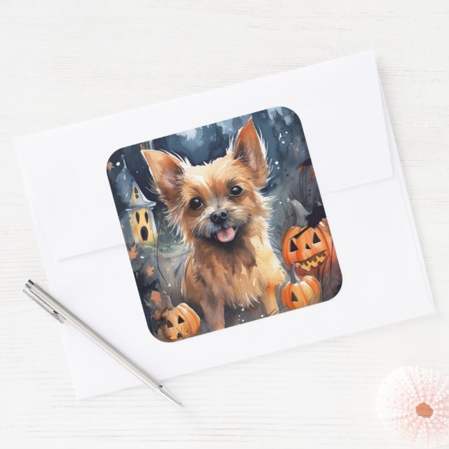 Adesivo Quadrado Halloween Australiano Terrier With Pumpkins Scary (Envelope)