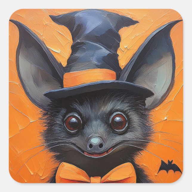 Adesivo Quadrado Halloween Bat in Witch Hat (Frente)