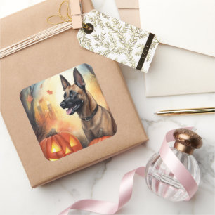 Adesivo Quadrado Halloween Belga Malinoi Com Abóboras Assustador