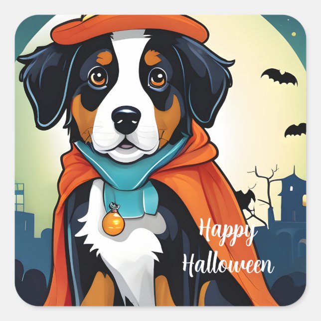 Adesivo Quadrado Halloween Bernese Mountain Dog Puppy Sticker (Frente)