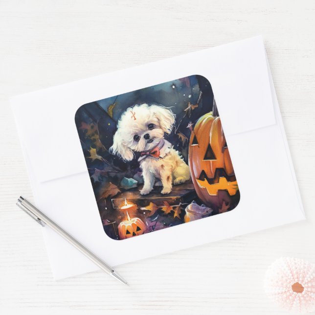 Adesivo Quadrado Halloween Bichon Frise Com Pumpkins Assustado (Envelope)