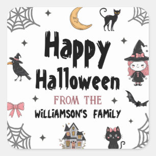 Adesivo Quadrado Halloween Black Cat Raven Crow Nome da Família Per