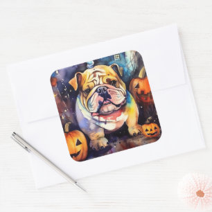 Adesivo Quadrado Halloween Bulldog Com Pumpkins Assustado