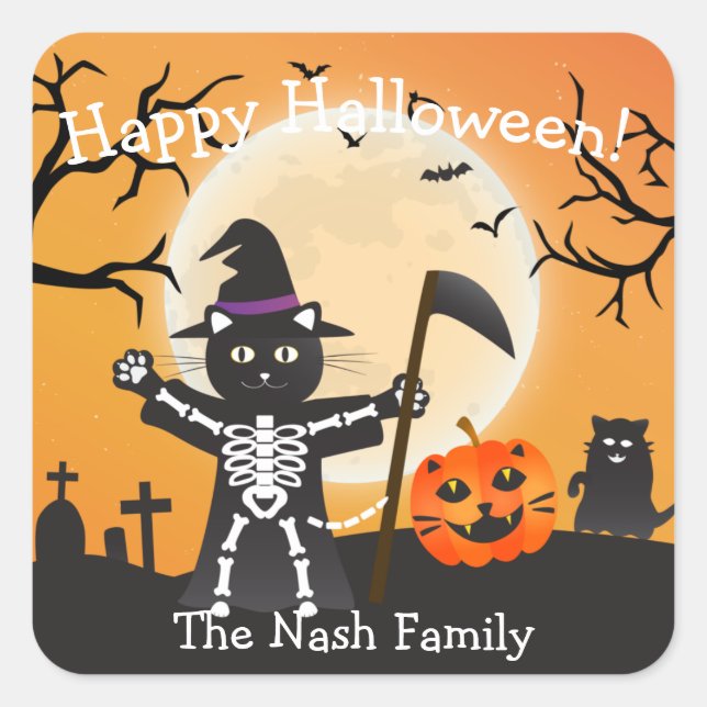 Adesivo Quadrado Halloween Cat Grim Reaper (Frente)