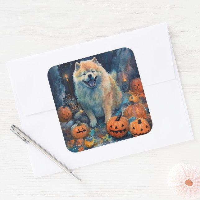 Adesivo Quadrado Halloween Chow Chow Com Pumpkins Assustado (Envelope)