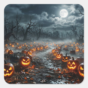Adesivo Quadrado Halloween com Árvores Sinistras e Jack O Lanterns