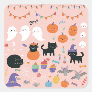 Adesivo Quadrado Halloween com crianças personagens de desenho ani