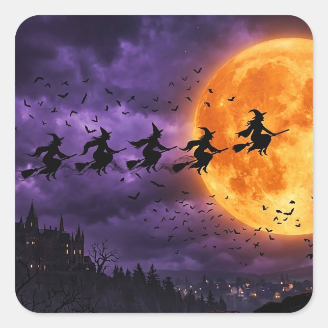 Adesivo Quadrado Halloween com Lua e Bruxa (Frente)