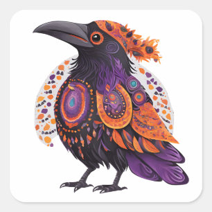 Adesivo Quadrado Halloween Crow Alebrije