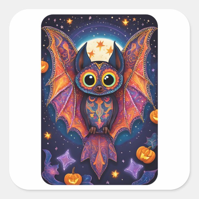 Adesivo Quadrado Halloween Cute Bat Alebrije (Frente)