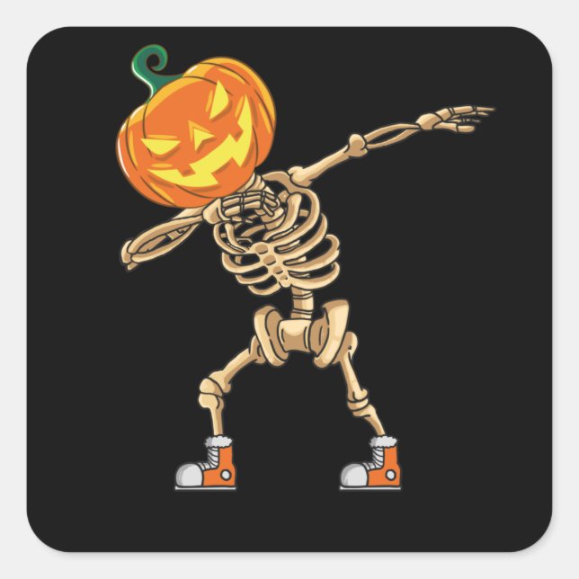 Adesivo Quadrado Halloween Dabbing Skeleton Pumpkin Head Dance Dab (Frente)