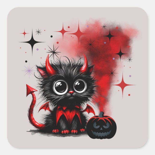 Adesivo Quadrado Halloween De Gatinho De Olhos Largos, Vermelho-Pre (Frente)