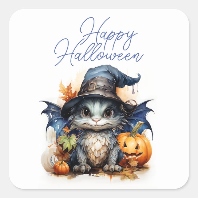 Adesivo Quadrado Halloween do Dragão Bebê com Aquarela Infantil do  (Frente)